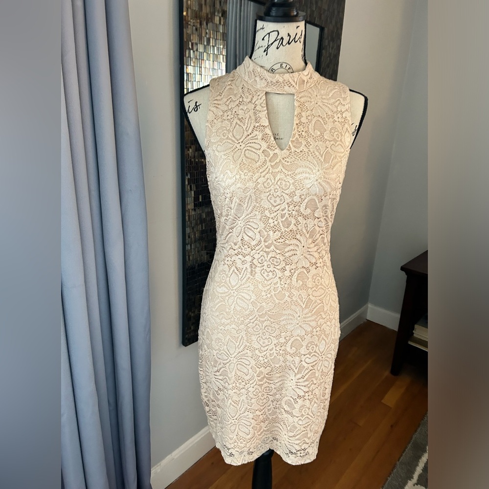 BCX medium bodycon lace shimmer nude juniors cocktail dress cutout neck and back